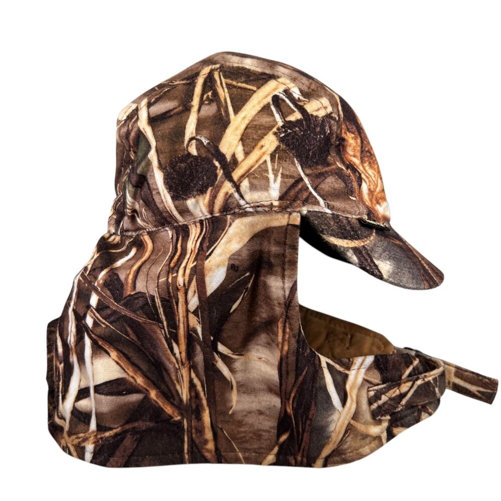Cabelas Camouflage Hunting Hat Gore-tek Cap Adjustable Chin Strap Neck Flap Lg